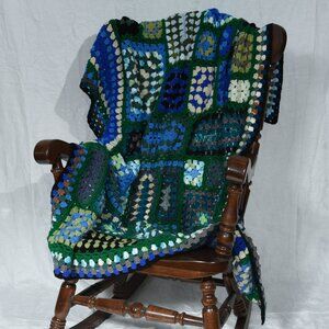 New, hand crocheted afghan throw blanket in blues & greens large 52" x 62"
